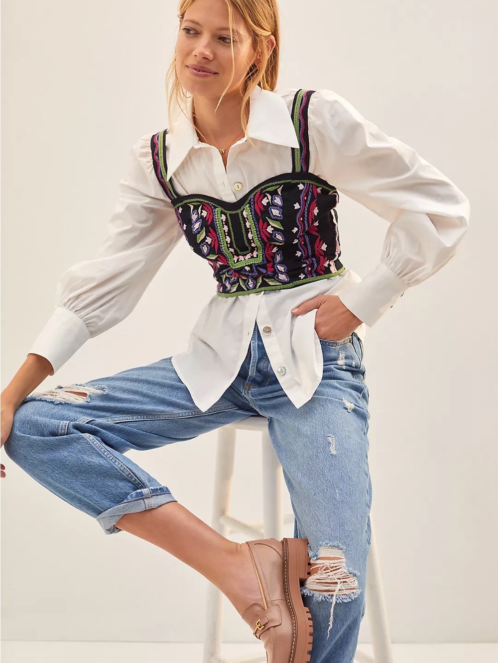 Anthropologie Embroidered Multi-Color Bustier Crop Top Size 12